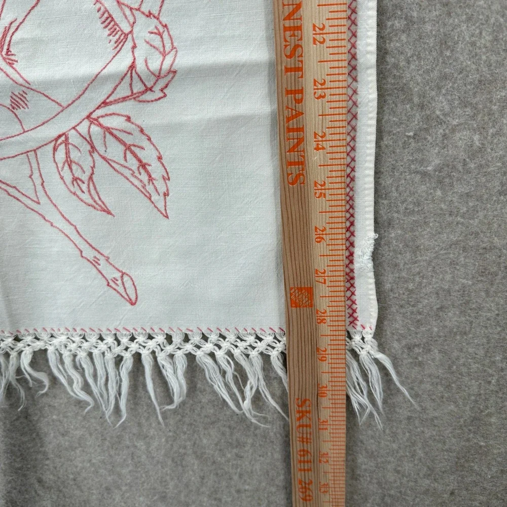 Handmade French Redwork Tea Towel White Red Kissing Couple Floral Fringe